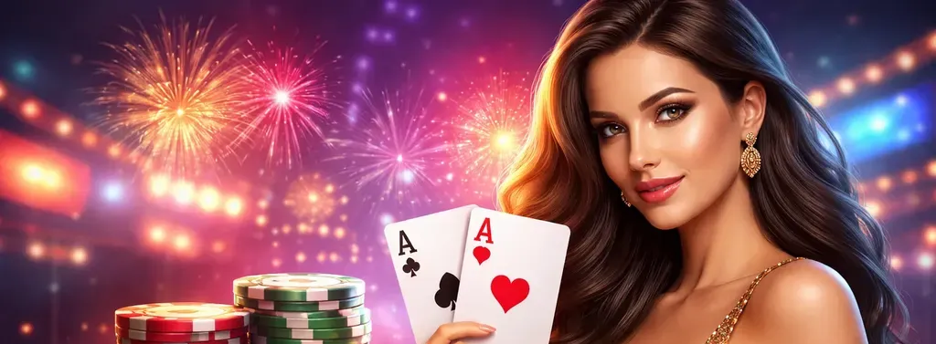 Bright casino hero banner with cards, chips and dice